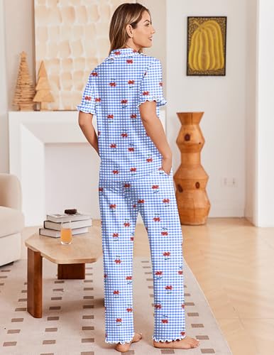 Ekouaer Womens Pajama Sets Short Sleeve Printed PJs Button Down Sleepwear - color: Cherry Small Grid, size: XX-Large