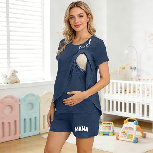Maternity Nursing 2 Piece Pajama Set Double Layer Breastfeeding Sleepwear - color: A-blue, size: Large