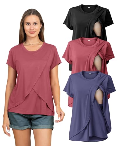 Rnxrbb 3 Pack Nursing Tops for Women Maternity Breastfeeding Shirts - color: Black&purple Blue&deep Pink, size: Large