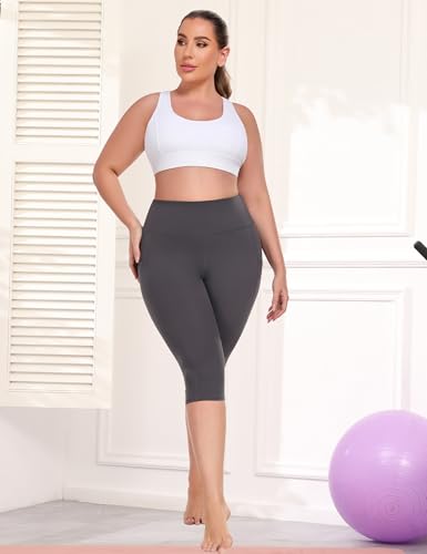 16" Womens Plus Size Capri Yoga Pants with Pockets 16" Knee Length - color: Grey, size: Large Plus