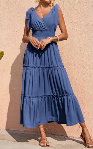 PRETTYGARDEN Women's Cross Neck Summer Sleeveless Tiered Maxi Dress Beach Tie Strap Smocked Long Dresses Pleated Sundress - color: Dark Blue, size: Medium