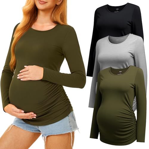 3 Pack Maternity Shirts Long Sleeve Crew Neck Pregnancy Top for Women - color: Black/Light Grey/Army Green, size: Small