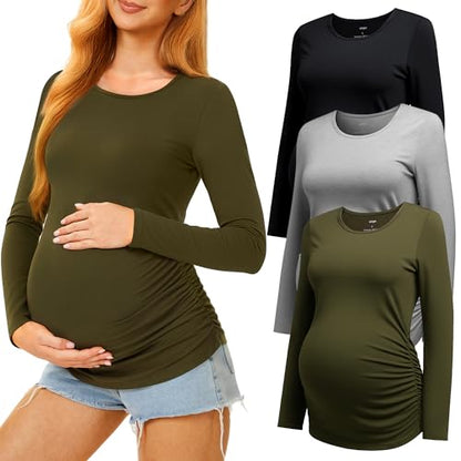 3 Pack Maternity Shirts Long Sleeve Crew Neck Pregnancy Top for Women - color: Black/Light Grey/Army Green, size: Small
