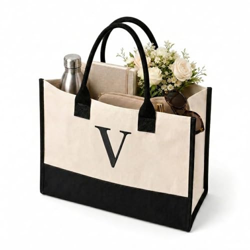 Salt Earth Canvas Tote Bag for Women, Personalized Initial Monogram Tote, Beach Grocery Utility Tote for Travel & Work - color: V, size: Soho Signature
