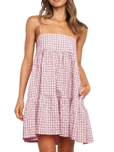 Wenrine Womens Summer Plaid Mini Dress Spaghetti Strap Beach Sundress - color: Bean Red, size: Medium