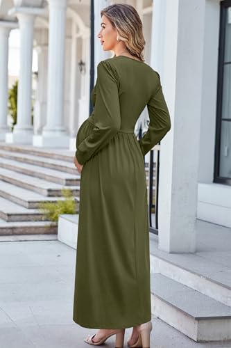 OUGES Women's Wrap Pregnancy Maxi V Neck Fall Baby Shower Maternity Dress - color: Army Green, size: Medium