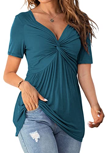 Tankaneo Womens Front Knotted V-Neck Blouse T Shirt Short Sleeve Oversized Tunic Tops Summer Solid Pullover Tees - color: B06-lake Blue, size: Medium