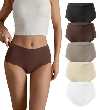 SHARICCA Seamless Underwear for Women Silk High Waisted Cheeky Panties Pack - color: Black/Dark Brown/Deep Brown/Light Beige/White, size: Medium