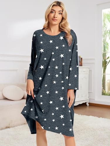 CRIPOM Plus Size Moo Moos for Women Oversized Sleep Shirts with Pockets - color: Grey Star