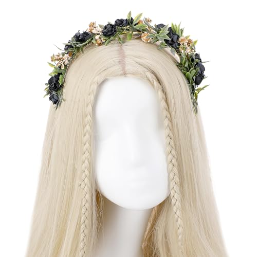 Black Flower Crown Headband, Fairy Dark Floral Headpiece - color: Black