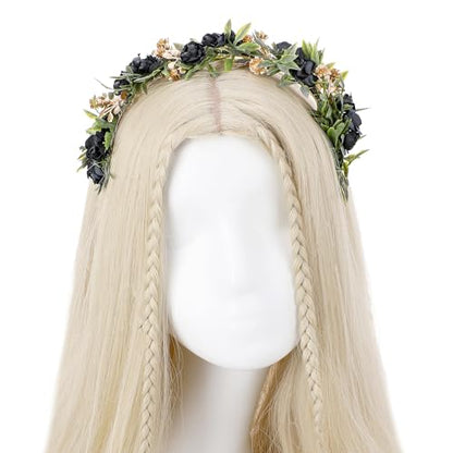 Black Flower Crown Headband, Fairy Dark Floral Headpiece - color: Black