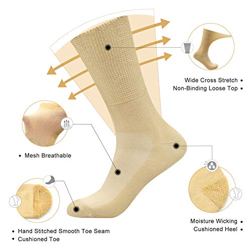 Busy Socks 4 Pack Crew Thin Non Binding Top Diabetic Socks for Men Women - color: 4 Pairs Beige, size: Medium
