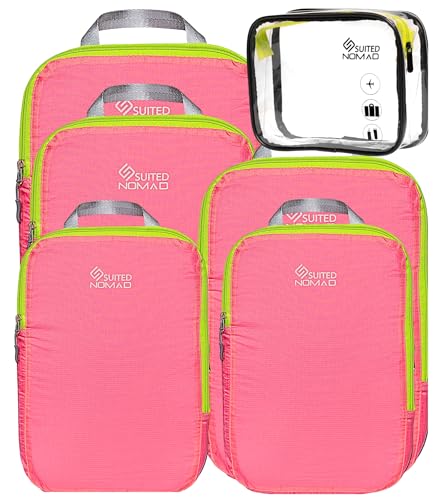Compression Packing Cubes Set, Suitcase and Backpack Travel Organizer Bags - color: Pink Rose, size: 6Piece