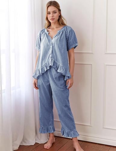 Flygo Women's Cotton Gingham Pajama Set 2 Piece Ruffle Lounge Sleepwear - color: Navy, size: Medium