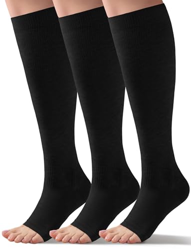 Bamboo Viscose Toeless Compression Socks Women & Men for Summer - Cooling Open Toe Knee High Support Socks, 18-25 mmHg - color: 3 Pairs - Black, size: Small-Medium