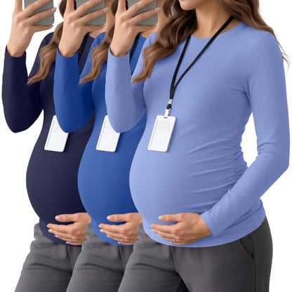 Neer 3 Pack Maternity Under Scrub T Shirt Long Sleeve Undershirt - color: Navy Blue, Sapphire Blue, Sky Blue, size: X-Large