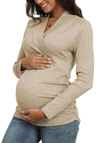 Nursing Top Cross V Neck Ruched Long Sleeve Maternity Shirt - color: Khaki, size: X-Large