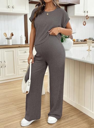 BLENCOT Maternity Sets Summer Ribbed Knit Pajamas Outfits - color: Grey, size: X-Large