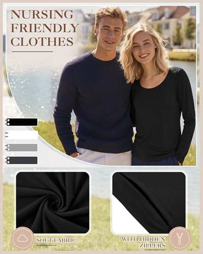 Oakgarden 4 Pack Women Cotton Nursing Tops for Breastfeeding - color: Black, White, Light Gray, Dark Gray, size: Small