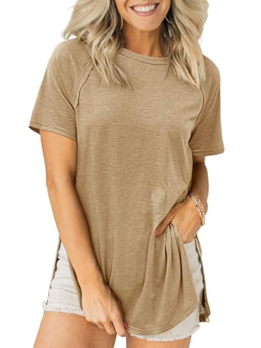 Cicy Bell Womens Short Sleeve Tunic Tops Crew Neck Side Split T Shirts - color: Khaki, size: Small