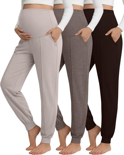Oakgarden 3 Pack Women's Maternity Pants Over the Belly Joggers - color: Dark Brown, Light Coffee, Gray Apricot, size: Medium