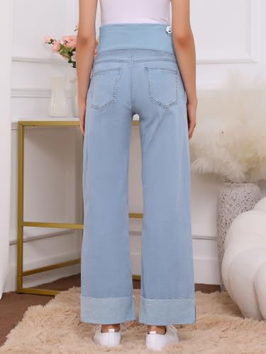 Women Maternity Jeans Straight Leg Cuffed Denim Work Pants - color: Light Blue, size: Large