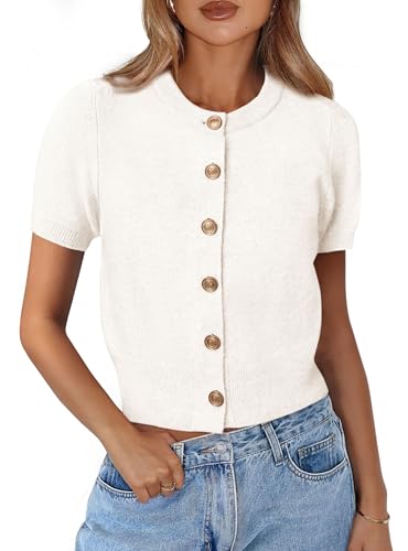 PRETTYGARDEN Womens Summer Cardigan Short Sleeve Sweater - color: White, size: Medium