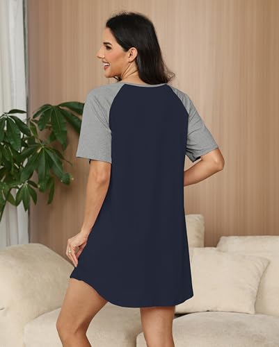 Nightgowns for Women Raglan Sleeve Night Shirt Soft Sleepshirts - color: Grey and Navy Blue, size: Large