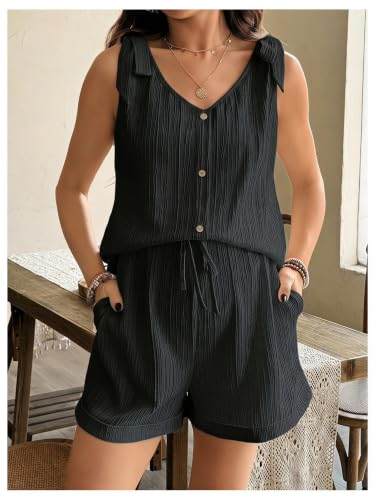 OYOANGLE Women's 2 Piece Maternity Set Textured Tie Shoulder Lounge Outfits - color: Black, size: X-Small