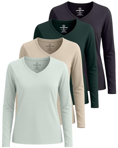 4 Pack Women's Long Sleeve Cotton V Neck Tshirts Basic Tees Tops Undershirt - color: Set 7, size: Medium