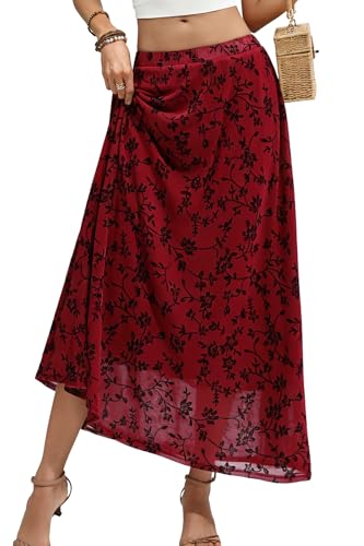 ELLEVEN Women’s Boho Floral Mesh Maxi Skirt - color: Burgundy, size: Medium