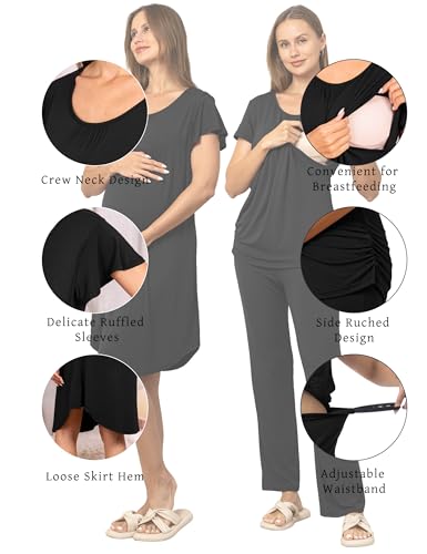 SUNNYBUY 3 PCS Maternity Nursing Sleepwear Set with Nightgown, Top & Pants - color: Black, size: Small