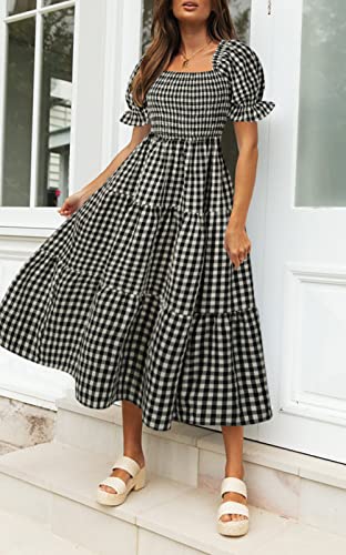 ZESICA Women's Summer Boho Gingham Puff Sleeve Square Neck Beach Midi Dress - color: Black, size: Large