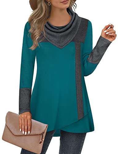 Furnex Women's Long Sleeve Cowl Neck Tunic Top Casual Pullover Sweatshirt - color: Deep Cyan, size: Large