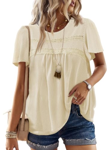 Falechay Womens Tops Boho Ribbed Flowy Stretchy Crochet Short Sleeve Shirts - color: Apricot, size: Small