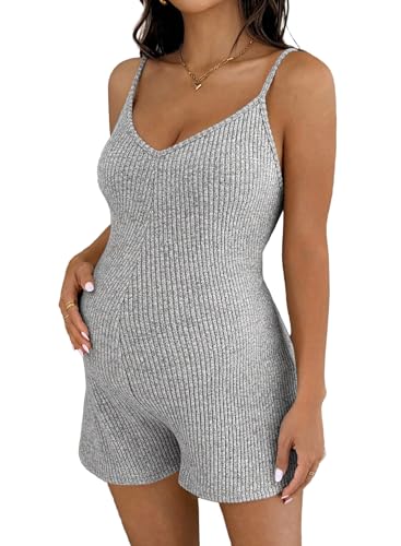 BLENCOT Maternity Ribbed Stretchy Romper V Neck One Piece Shorts Jumpsuits - color: Grey, size: XX-Large