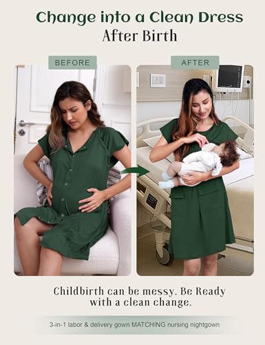 SUNNYBUY 2 PCS Maternity Labor & Delivery Gown with Matching Nursing Dress - color: Dark Green, size: Medium