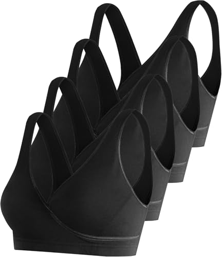 SUIEK 4 Pack Nursing Sleep Bra Maternity Bralette Cotton Breastfeeding Bras - color: 4 Black-4pcs, size: Small