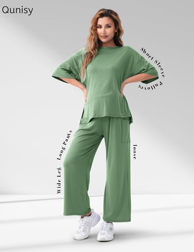 Maternity Lounge Set, 2 Piece Matching Set with Wide Leg Pants - color: Sage Green, size: Medium