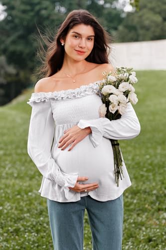 OUGES Womens Cotton Blend Off The Shoulder Maternity Tops Smocked Ruffle Sleeve Blouse Going Out Pregnancy Shirts 2025 - color: White, size: XX-Large