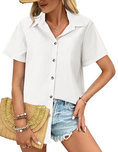 HOTOUCH Women Cotton Button Down Shirts Short Sleeve Linen Blouses Tops - color: A01-white, size: Small