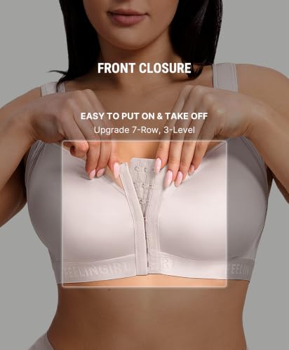 FeelinGirl Front Closure Post Surgery Compression Bra with Adjustable Straps Wireless Breast Augmentation Post Op Bras - color: Gray, size: X-Large