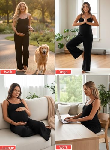 BLENCOT Maternity Ribbed Jumpsuit Stretchy One Piece Wide Leg Romper - color: Black, size: XX-Large