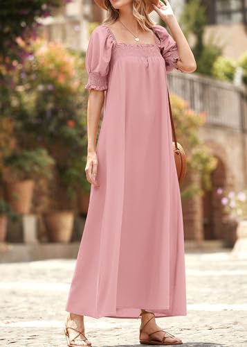 KIRUNDO Women Summer Maxi Dress Puff Sleeve Long Dresses - color: Bean Paste Pink, size: Large