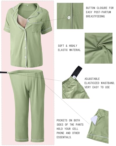 Rnxrbb Button Down Maternity Pajamas Set Nursing Postpartum Pjs Clothes - color: New-greyish Green, size: X-Small
