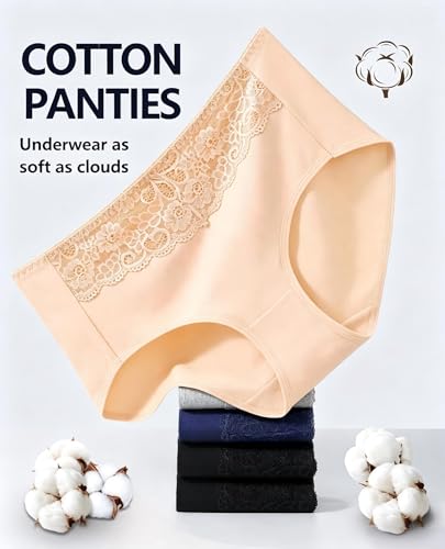 MISSWHO Women's High Waisted Cotton Underwear Soft Breathable Full Coverage Stretch Briefs Ladies Panties 5-Pack - color: Black*2, Nude, Grey, Navy, -5 Pack, size: Medium