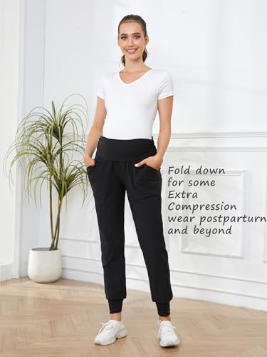 PARNIXS Maternity Two-Piece Set Basic Stretch Design with Pockets Soft Leggings for Active Moms Yoga Pants - Year-Round Wear - color: Black+black, size: Medium