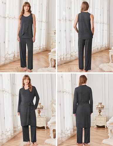 Ekouaer Maternity Pajamas Nursing Robe Set 3 Pieces Post Partum Lounge Sets - color: Dark Gray, size: X-Large