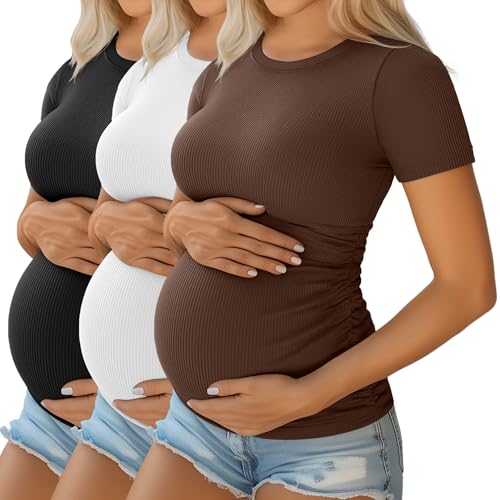 Ficerd 3 Pack Women's Short Sleeve Maternity Shirts - color: Black, White, Coffee, size: Medium