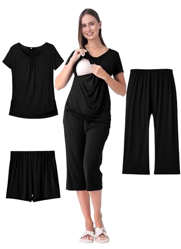 3 Piece Nursing Pajamas Set for Women Maternity & Postpartum Pjs - color: Black, size: Medium